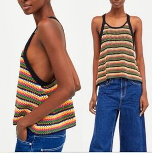 ZARA Knit Multicolor Crochet Oversized Racerback Top Colorful Stripe M